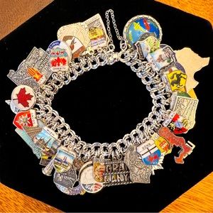 Vintage Sterling 925 Silver Travel LOADED State Foreign Enamel 70 Charm Bracelet